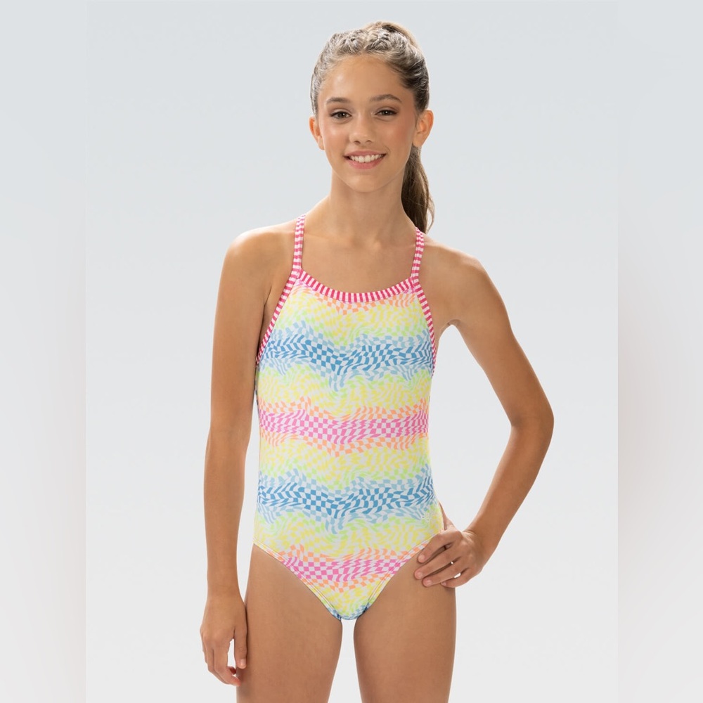 NWT Uglies Girls' Rainbow Check Criss-Cross Back One Piece Swimsuit Size 16